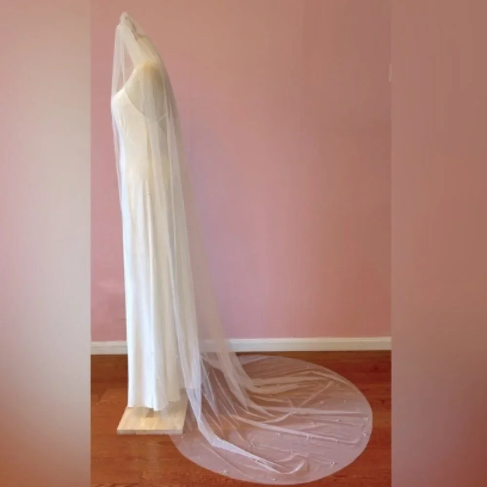 Beaded Pearl Wedding Veil Chapel Length